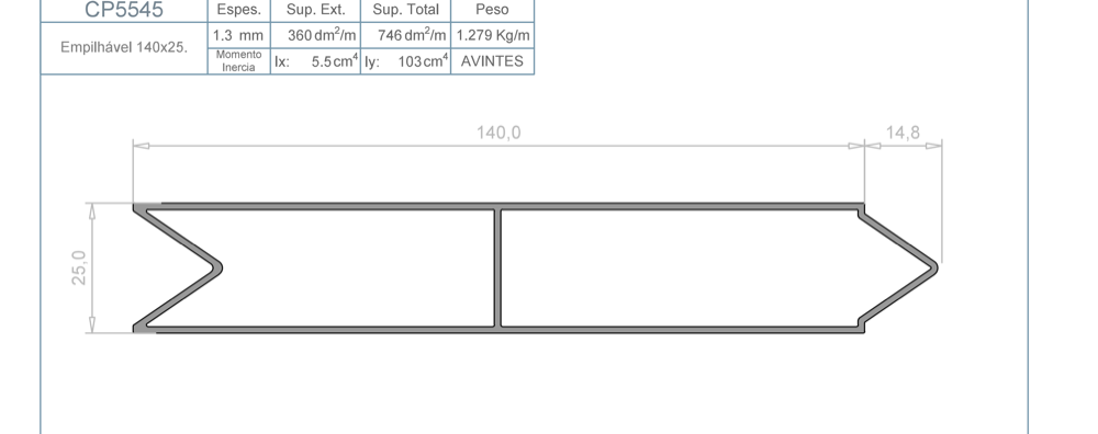 Plano técnico de Perfil de barandilla apilable 140×25