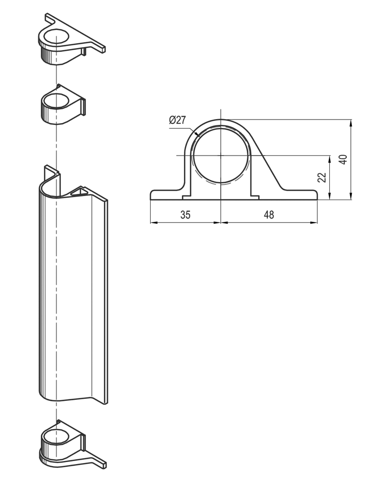 Desenho técnico de Perfil Cobre-Barras Ø27