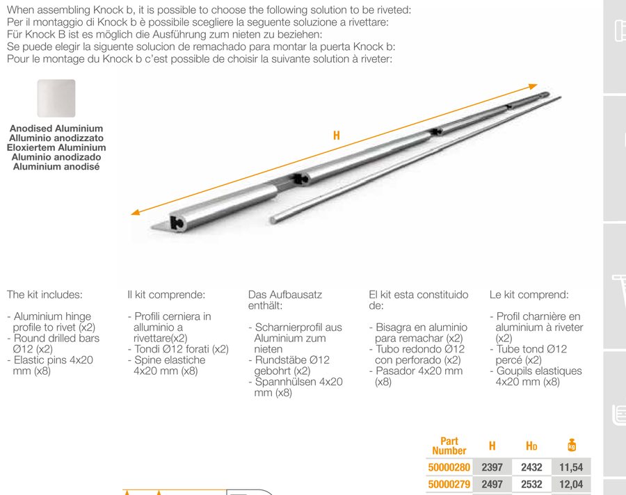 Kit de charneira a rebitar · Knock bounce · perfil H2797 mm (porta 2800 mm)