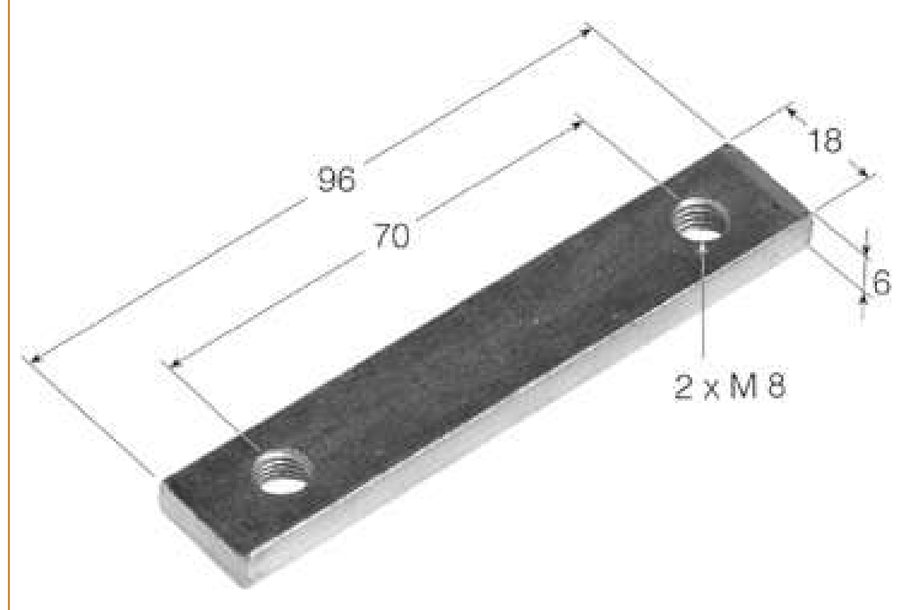 Pletina de dobradiça Zinc 96×18×6mm · 2 furos M8