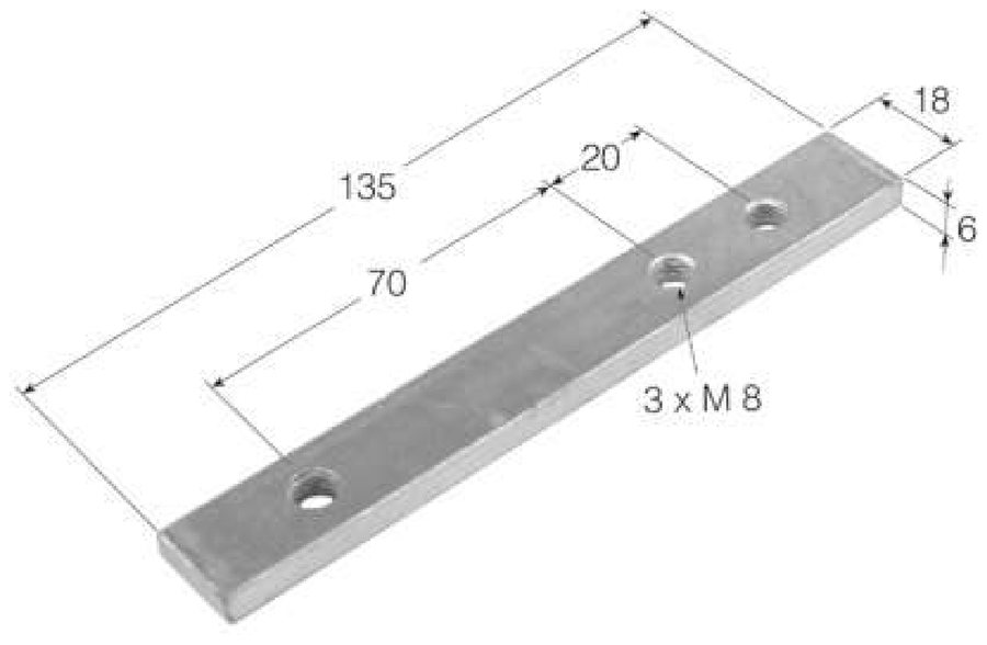 Pletina de dobradiça Zinc 135×18×6mm · 3 furos M8