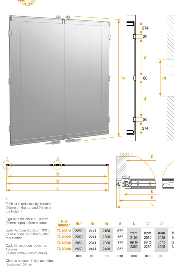 Kit de puerta sKin 2300 mm · desmontada · 2 cierres