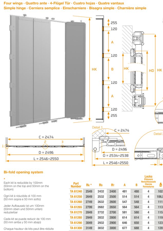 Porta Knock aero 4 2500 mm · kit desmontado · 4 folhas bi-fold · 4 fechos