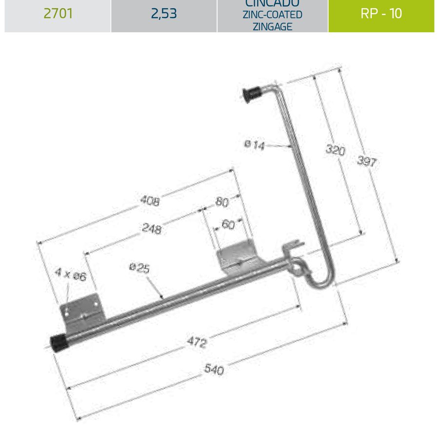 Travão de porta c/ 2 suportes em L Zinc 540mm