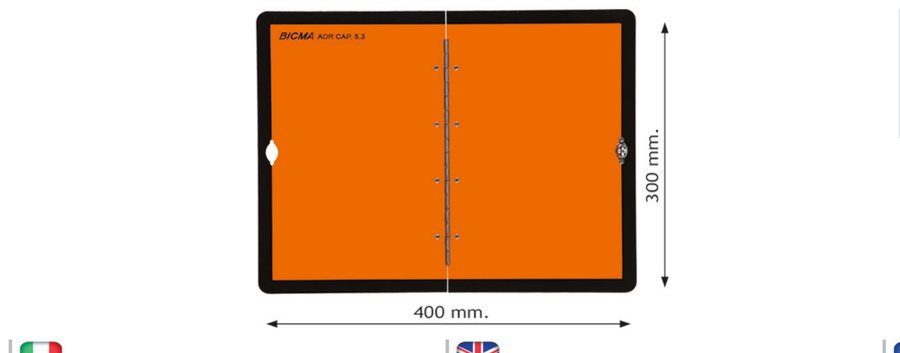 Placa ADR neutra rebatível na VERTICAL, alumínio 400×300×1 mm com dobradiça em INOX