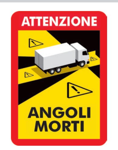 Sinalização de ângulo morto «ANGOLI MORTI» (versão ITALIANA) para camião, chapa de alumínio de 1 mm, 170×250 mm